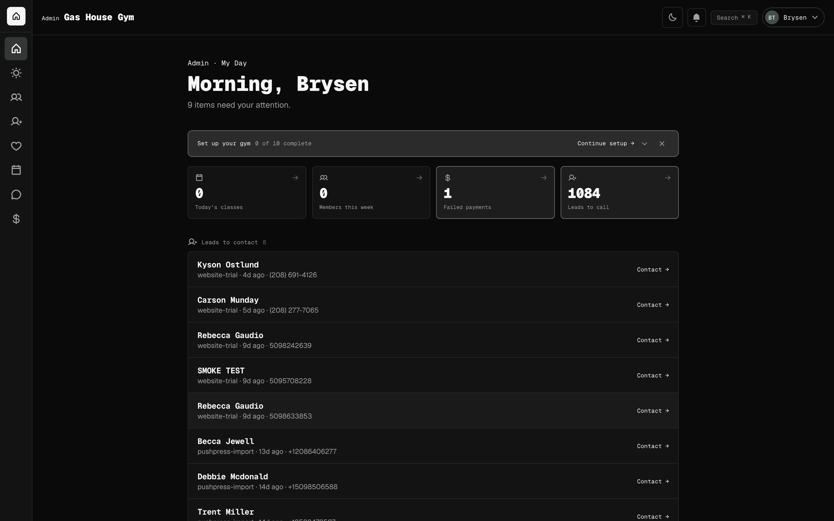 Operator inbox, not dashboard — GymVision feature